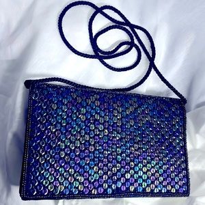 Vintage Sequined Crossbody Clutch Evening Bag w/ 40” Black Twist Rope Cord